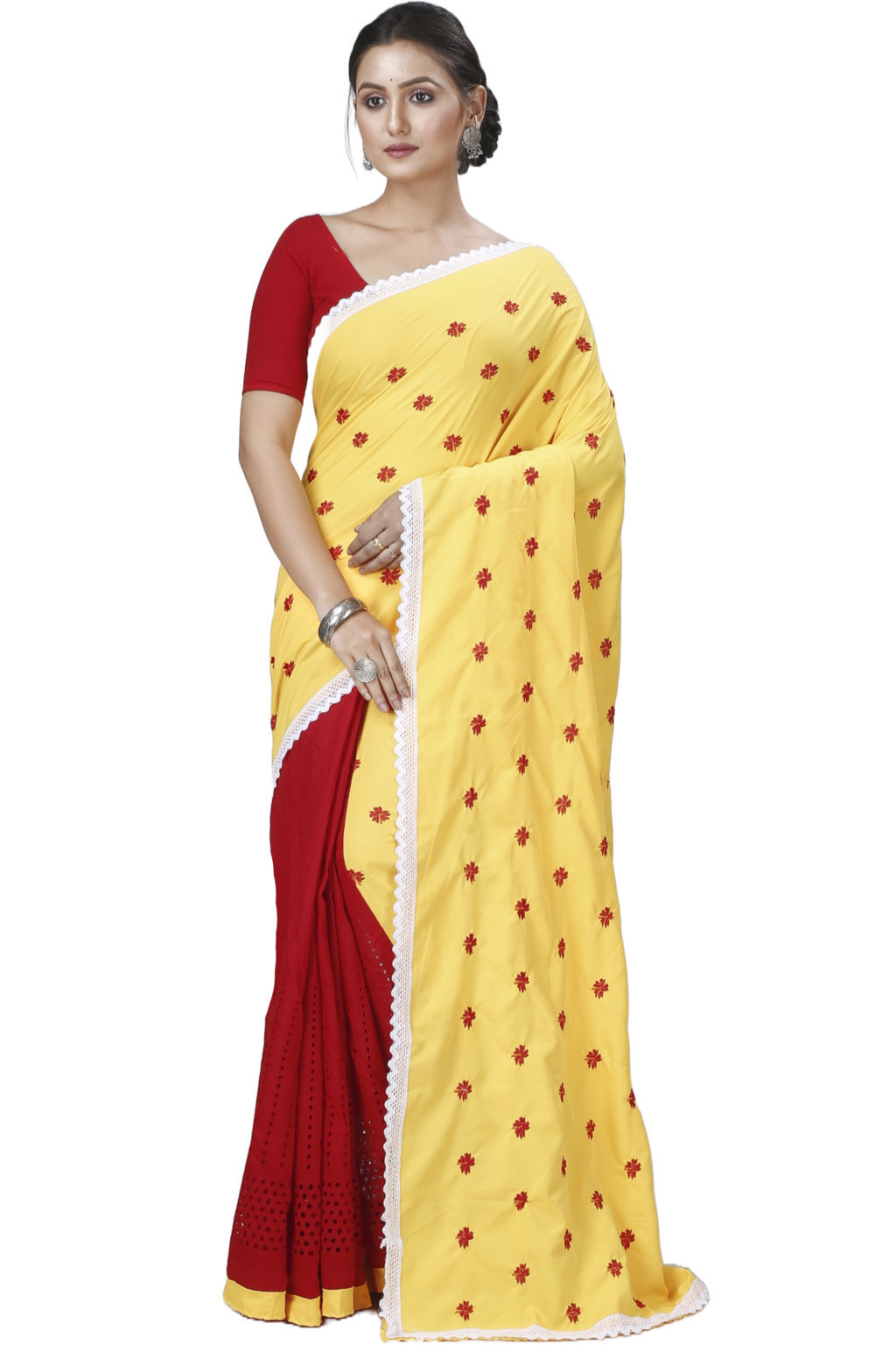 Yellow Red Pure Cotton LalPori Hand Loom Saree (1255)
